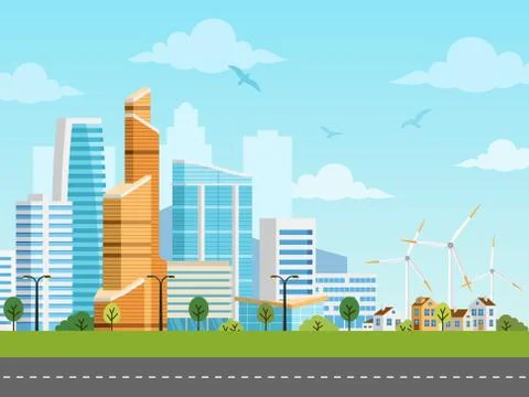 Smart city and suburb vector panorama 스톡 일러스트