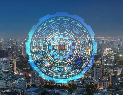 Smart city and technology circles. Graphic design in Bangkok City at night, T Illustrazione stock