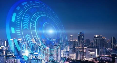 Smart city and technology circles. Graphic design in Bangkok City at night, T Illustrazione stock