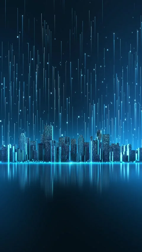 Smart City with Binary Data Rain and Digital Technology Skyline 스톡 동영상 342612275