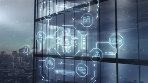 Smart city building with digital data interface network Stock Footage 325206888