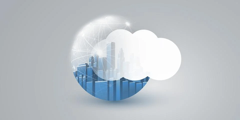 Smart City, Cloud Computing Design Concept with Transparent Globe and Citys.. Illustrazione stock