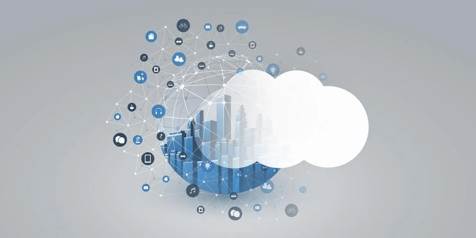 Smart City, Cloud Computing Design Concept with Transparent Globe and Icons.. Illustrazione stock