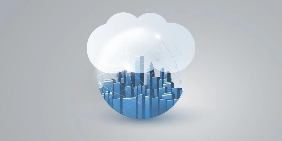 Smart City, Cloud Computing Design Concept with Transparent Globe, Cityscap.. Illustrazione stock