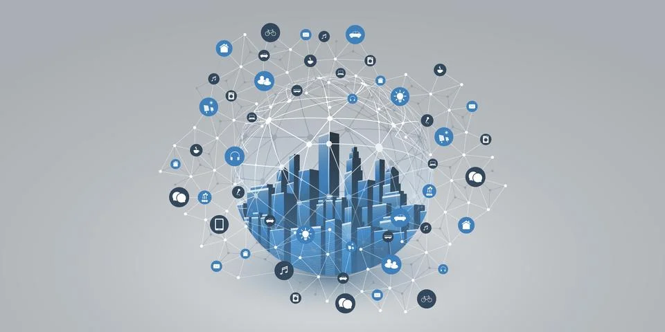 Smart City, Cloud Computing Design Concept with Wireframe Sphere and Icons .. Stock Illustration