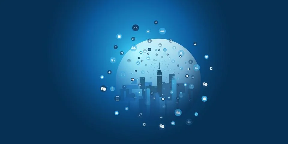 Smart City, Cloud Computing Design Concept with Transparent Globe and Icons.. Illustrazione stock