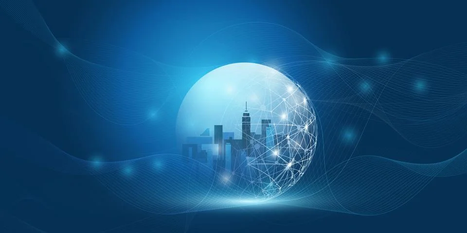 Smart City, Cloud Computing Design Concept with Transparent Globe and Wiref.. Illustrazione stock