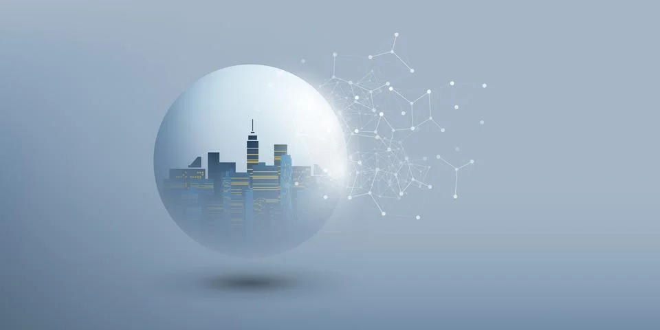 Smart City, Cloud Computing Design Concept with Wireframe - Digital Network.. Illustrazione stock