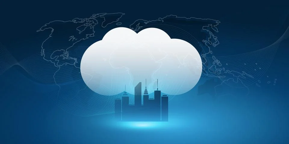 Smart City, Cloud Computing Design Concept with Cityscape, Cloud and World .. Stock Illustration