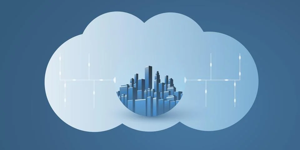 Smart City, Cloud Computing Design Concept with Transparent Globe, Cityscap.. Illustrazione stock