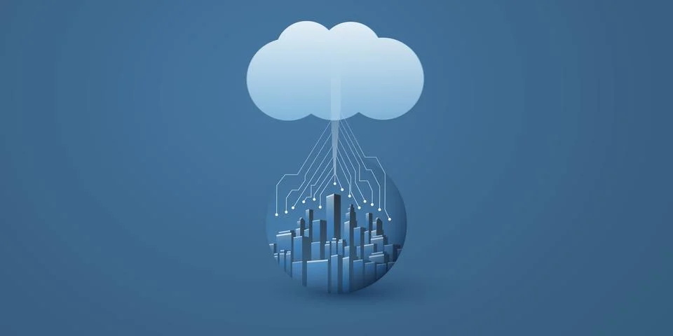 Smart City, Cloud Computing Design Concept with Transparent Globe, Cityscap.. Illustrazione stock