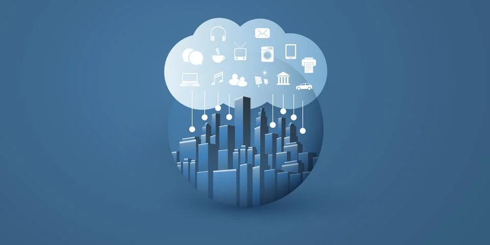 Smart City, Cloud Computing Design Concept with Icons, Transparent Globe, C.. Stock Illustration