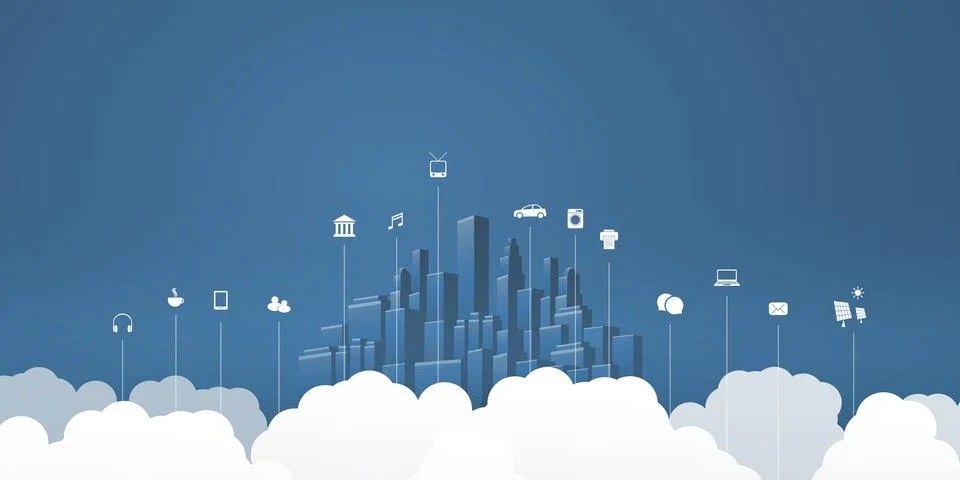 Smart City, Cloud Computing Design Concept with Icons, Cityscape and Clouds.. イラスト素材