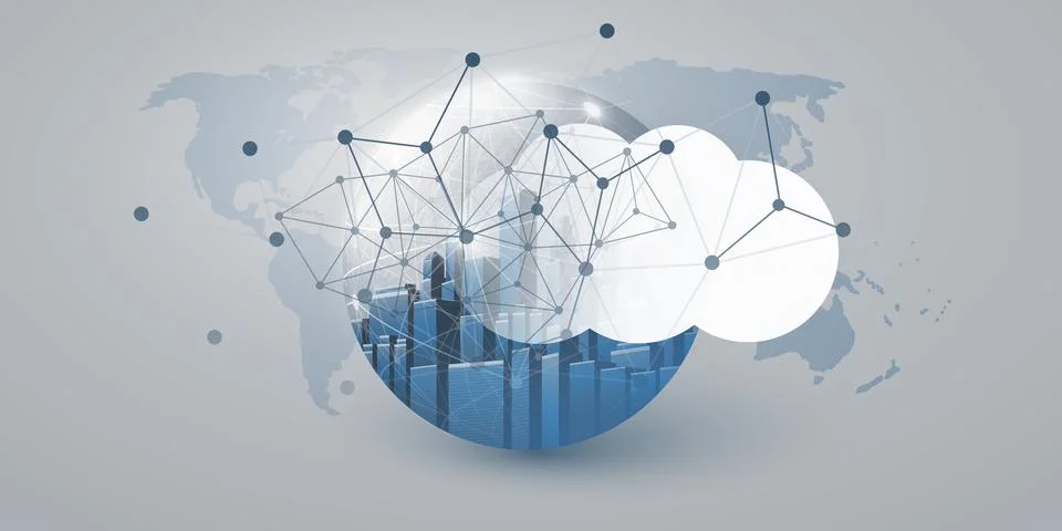 Smart City, Cloud Computing Design Concept with Transparent Globe and World.. Illustrazione stock