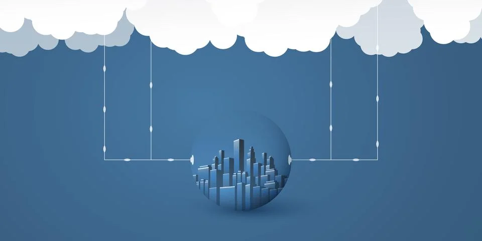 Smart City, Cloud Computing Design Concept with Transparent Globe, Cityscap.. Illustrazione stock