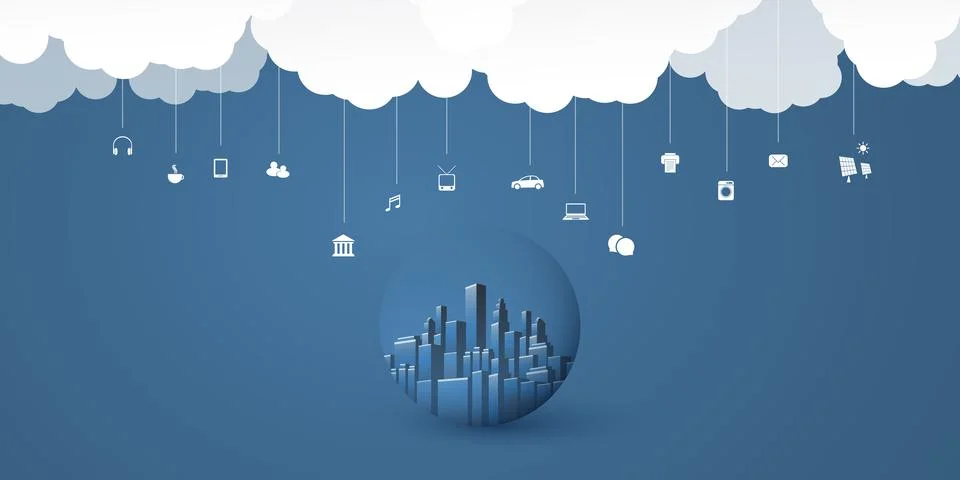 Smart City, Cloud Computing Design Concept with Transparent Globe, Cityscap.. Stockillustratie