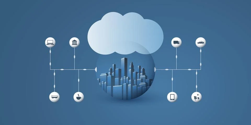 Smart City, Cloud Computing Design Concept with Icons, Transparent Globe, C.. Illustrazione stock