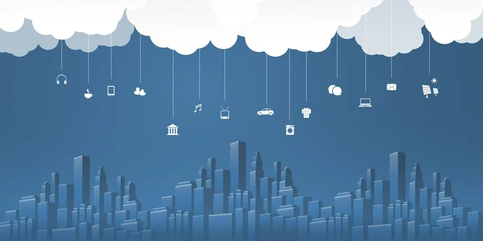 Smart City, Cloud Computing Design Concept with Icons, Cityscape and Clouds.. Illustrazione stock