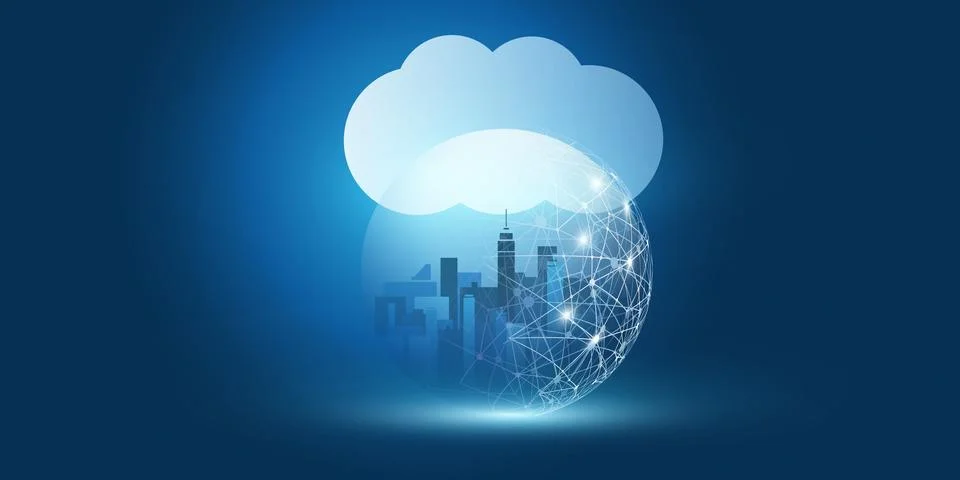 Smart City, Cloud Computing Design Concept with Transparent Globe, Cityscap.. 库存插图
