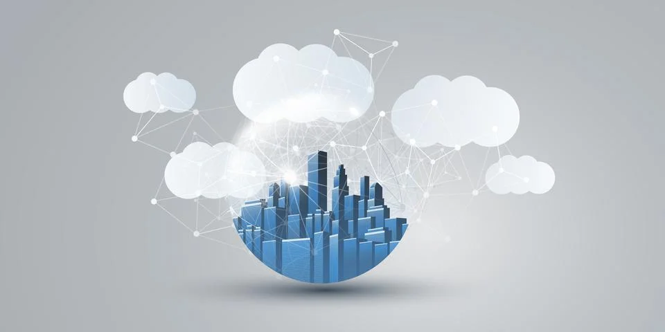 Smart City, Cloud Computing Design Concept with Transparent Globe and Citys.. Illustrazione stock