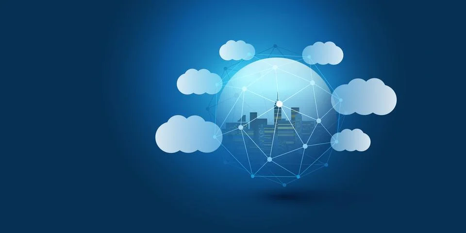 Smart City, Cloud Computing Design Concept with Transparent Globe and Citys.. Stock Illustration