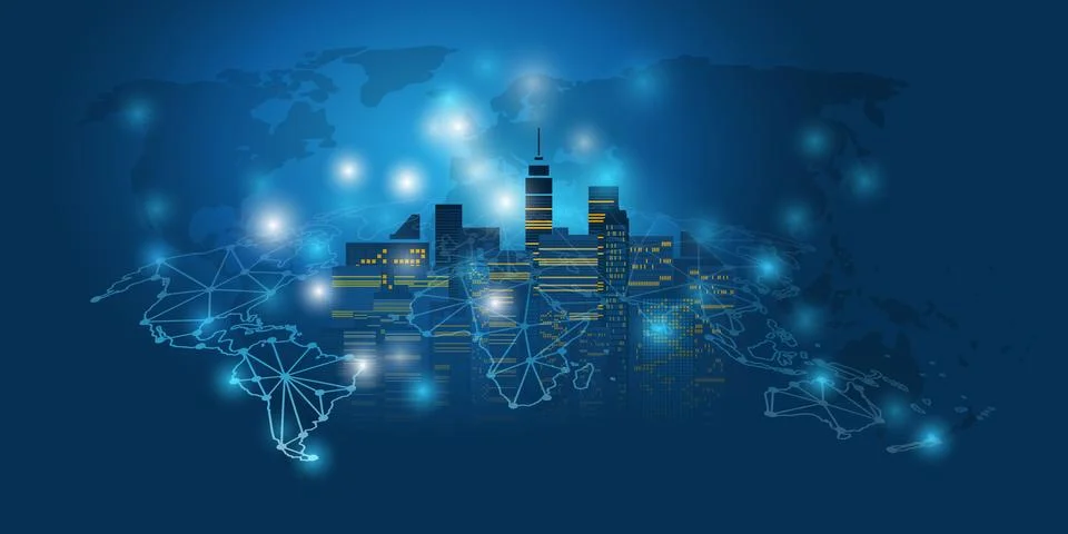 Smart City, Cloud Computing Design Concept with Wireframe and World Map - D.. Stock Illustration