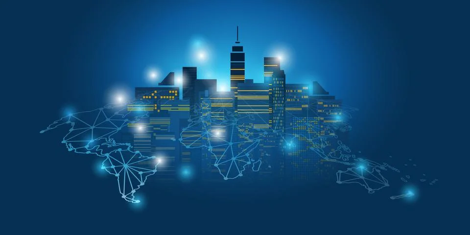 Smart City, Cloud Computing Design Concept with Wireframe and World Map - D.. 스톡 일러스트