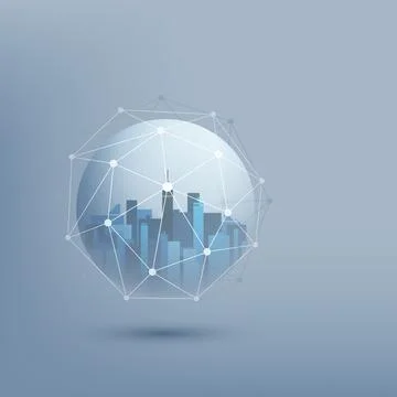 Smart City, Cloud Computing Design Concept with Wireframe Sphere - Digital .. Illustrazione stock