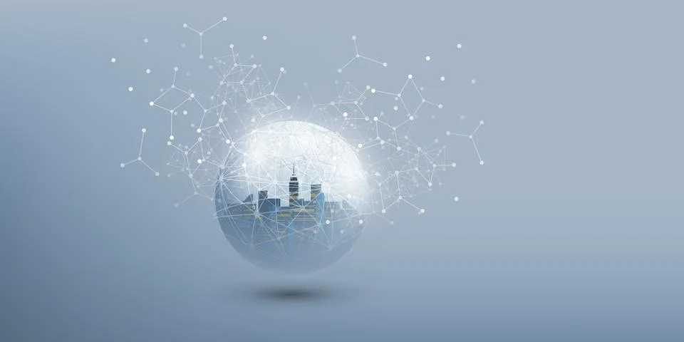 Smart City, Cloud Computing Design Concept with Wireframe - Digital Network.. Illustrazione stock