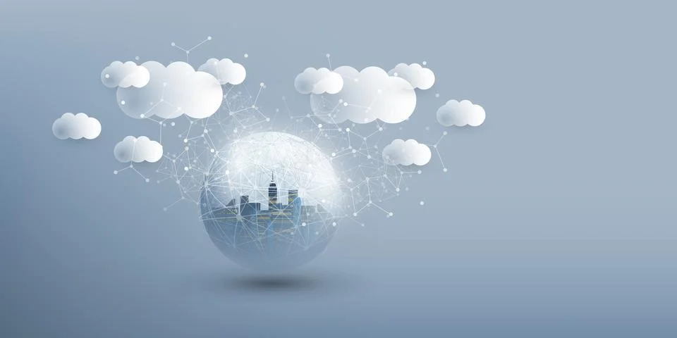 Smart City, Cloud Computing Design Concept with Transparent Globe and Citys.. 库存插图