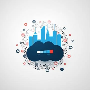 Smart City, Cloud Computing Technology Design Concept with Cityscape - Over.. Stock Illustration