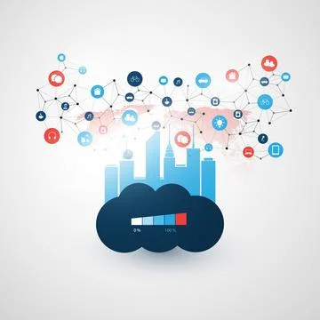 Smart City, Cloud Computing Technology Design Concept with Cityscape and Wo.. Illustrazione stock