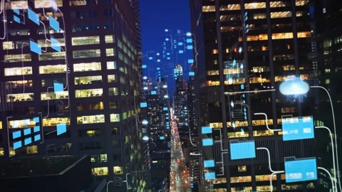 Smart city concept displaying data visualization with futuristic digital overlay Stock Footage 345492577