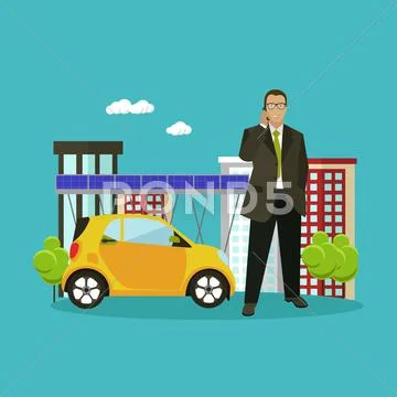 Smart city concept vector illustration in flat style. Businessman talks by Stock Illustration