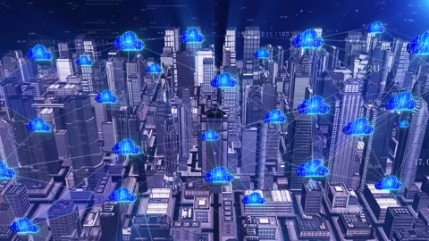 Smart city covered by cloud computing network data signal Stock Footage 157006009