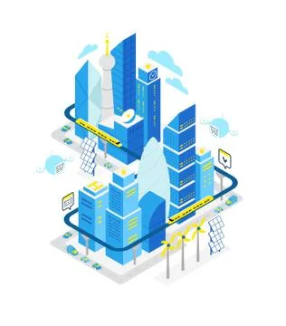Smart city data center isometric building. Hosting server technology automation Ilustración de archivo