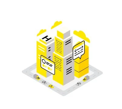 Smart city data infrastructure server isometric concept. Yellow, black and gray Stock Illustration