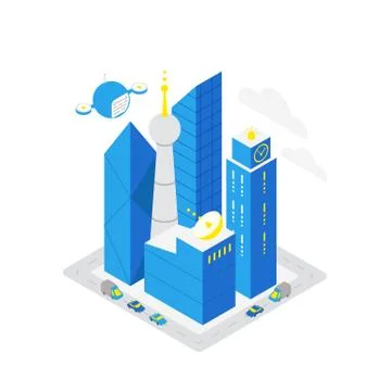 Smart city data infrastructure server isometric concept. TV tower infographic Stock Illustration