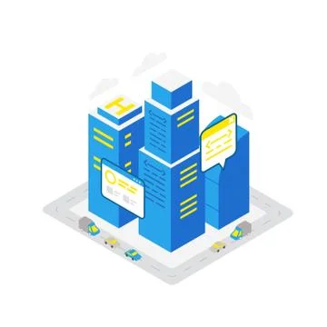 Smart city data infrastructure server isometric concept. Blue colors infographic Stock Illustration