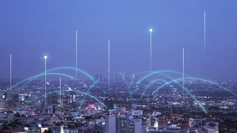 Smart City Data Transfer Network Wireless 5G Internet Iot Ai Modern Future Night Stock Footage 335679182