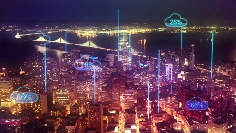 Smart city data uploading to cloud database, icons with percentage - 3d Stock Footage 153661283