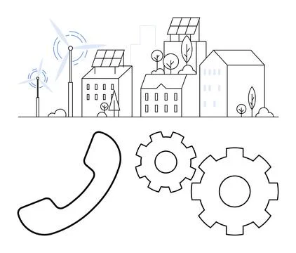 Smart city elements with wind turbines, solar panels, gear cogs, and phone .. イラスト素材