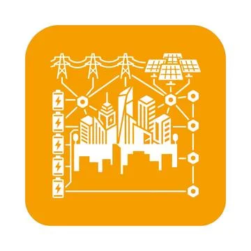 Smart city energy grid system with solar panels and battery storage icon de.. Stock Illustration
