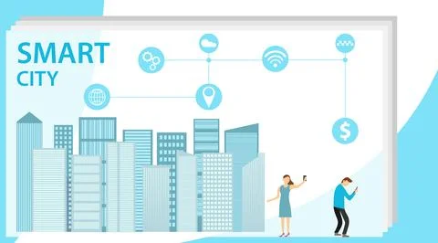 Smart city. Flat tiny urban city data collection persons concept. Mobile Illustrazione stock