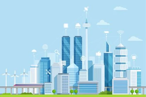 Smart city flat vector illustration. Modern urban area with digital buildings Stock Illustration