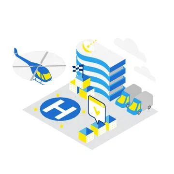 Smart city. Helicopter helipad data infrastructure isometric concept technology Stock Illustration