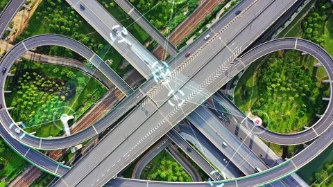 Smart city highway with digital network lines and traffic Video stock 333815494