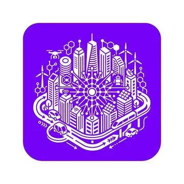 Smart city infographic with connected infrastructure elements on purple bac.. Stock Illustration
