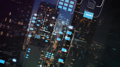 Smart city infrastructure with data flow and big data visualization over Video stock 345491674