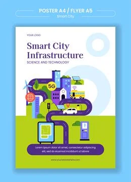 Smart City Infrastructure Flyer Template with Flat Cartoon Design for Urban.. Ilustración de archivo